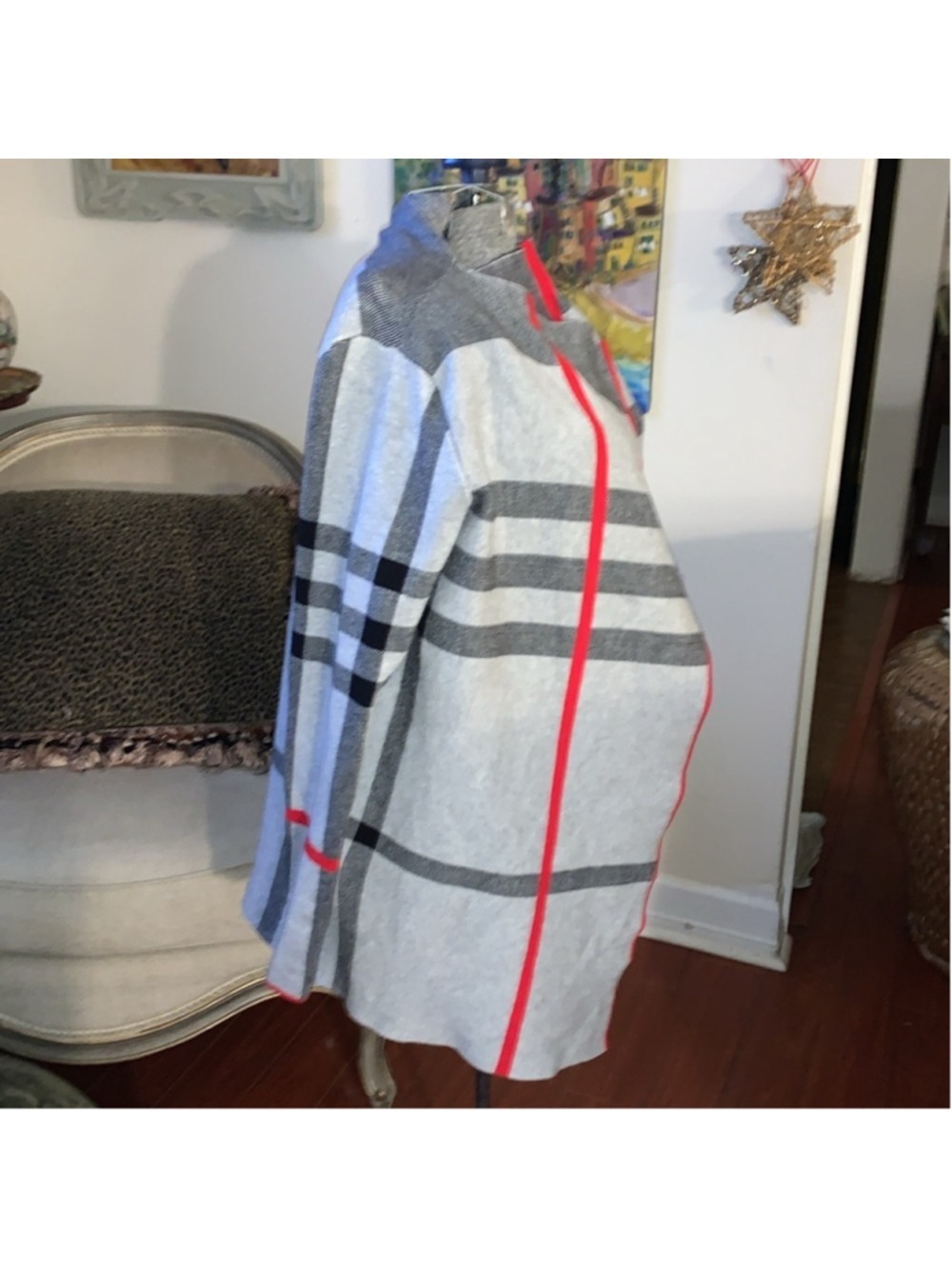 Alison Sheri plaid grey, red and black shacket/shardigan cardigan small - Picture 3 of 12